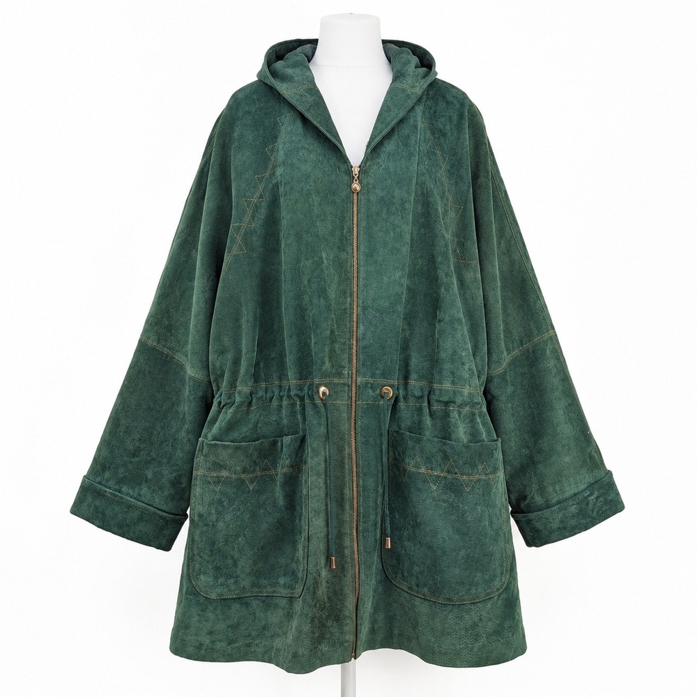 Vintage 70s Suede Hooded Parka Jacket Size 18W Green Brass Chore Coat Western